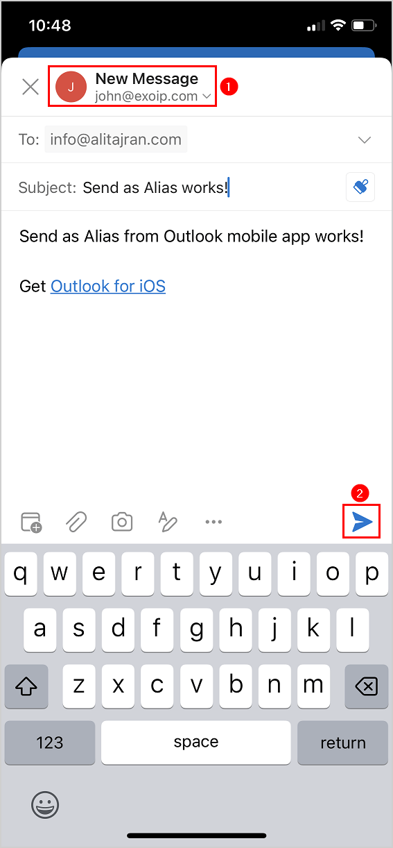 Send as Alias Outlook mobile app send email