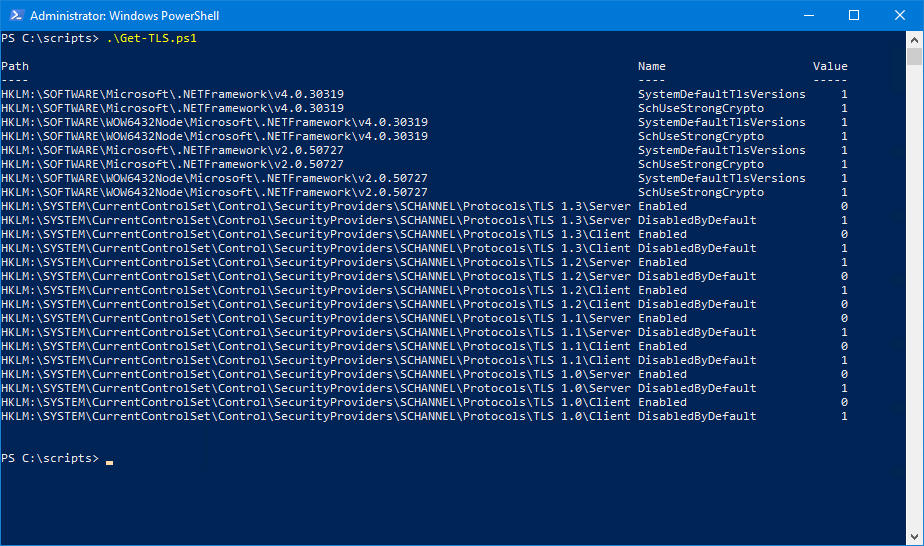Check TLS settings on Windows Server with PowerShell script after