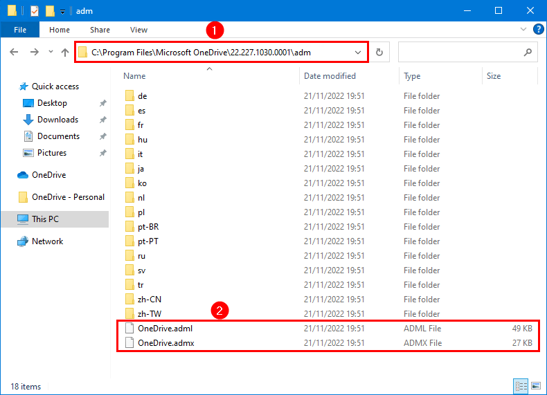 Configure OneDrive administrative template files adm files path