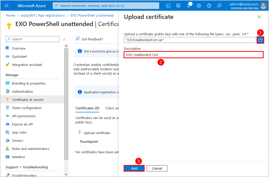 Exchange Online Certificate Based Authentication add self-signed certificate