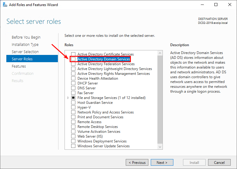 Add Domain Controller to existing domain select Active Directory Domain Services role