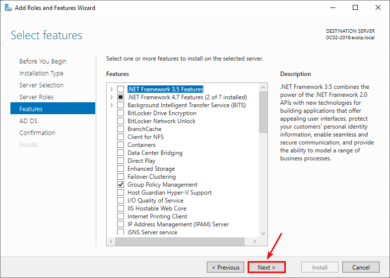 Add Domain Controller to existing domain select features