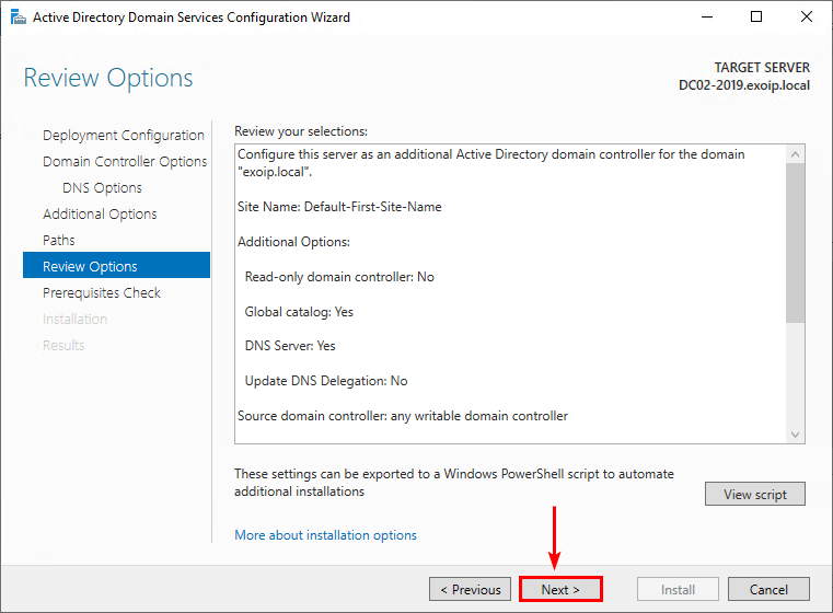 Add Domain Controller to existing domain review options