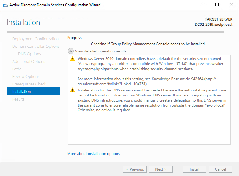 Add Domain Controller to existing domain installation progress