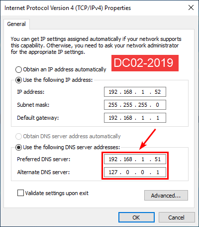 Add Domain Controller to existing domain IP settings DC02-2019