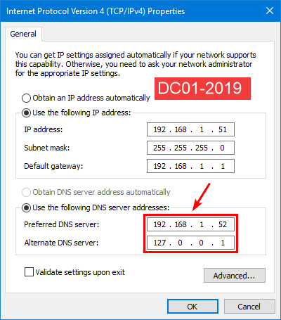 Add Domain Controller to existing domain IP settings DC01-2019