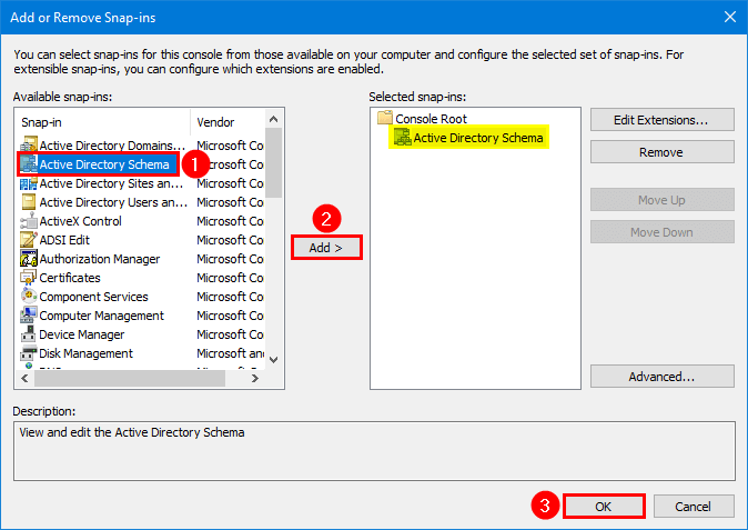 Check FSMO roles in Active Directory add Active Directory Schema snap-in