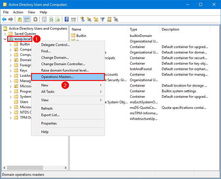 Check FSMO roles in Active Directory Users and Computers operations master