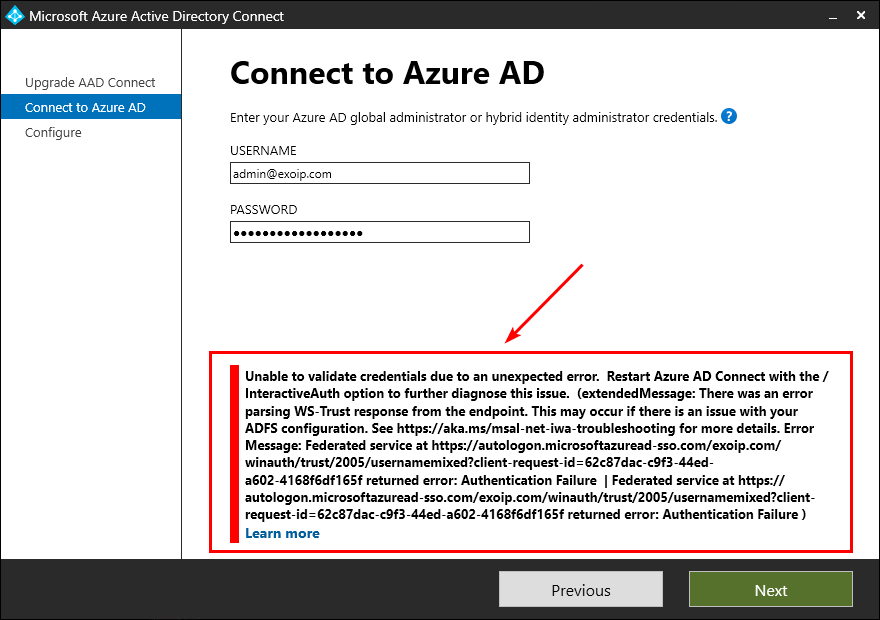 Azure AD Connect unable to validate credentials error