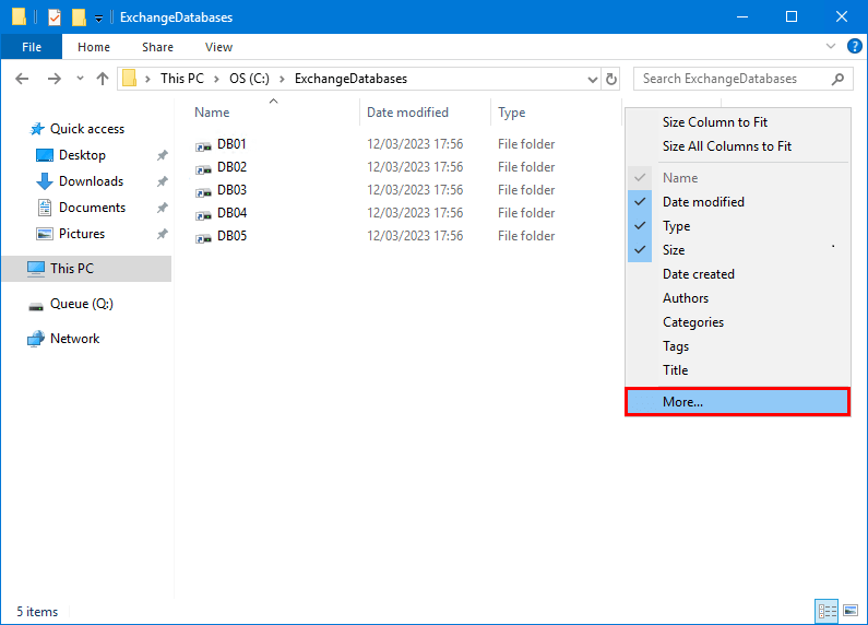 File Explorer folder column