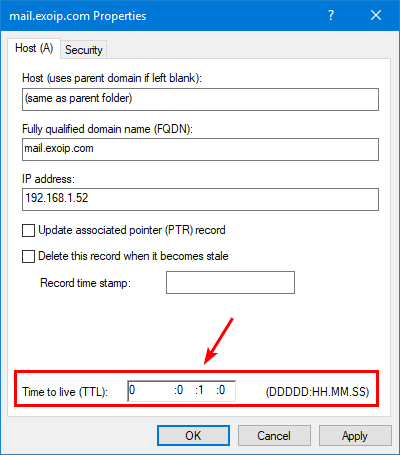 Change TTL for DNS record in Windows Server record mail