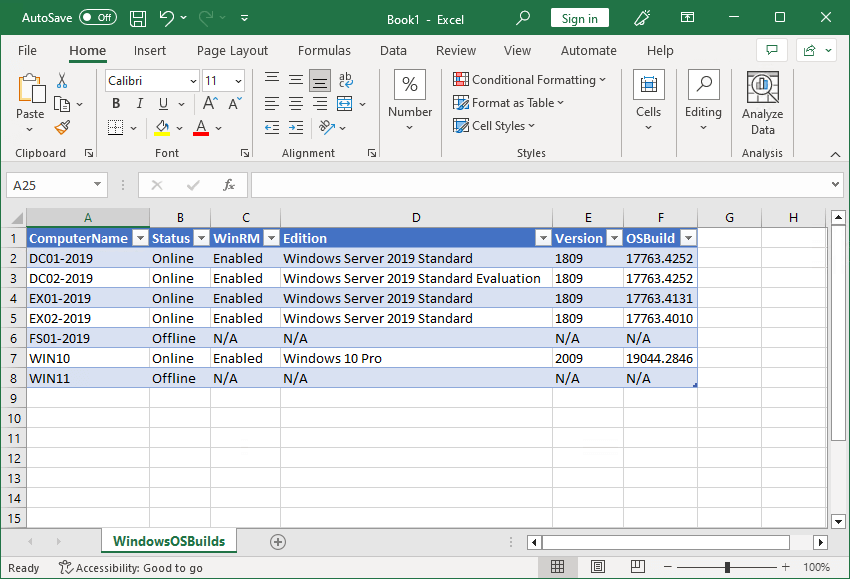 Export Windows OS build numbers CSV file