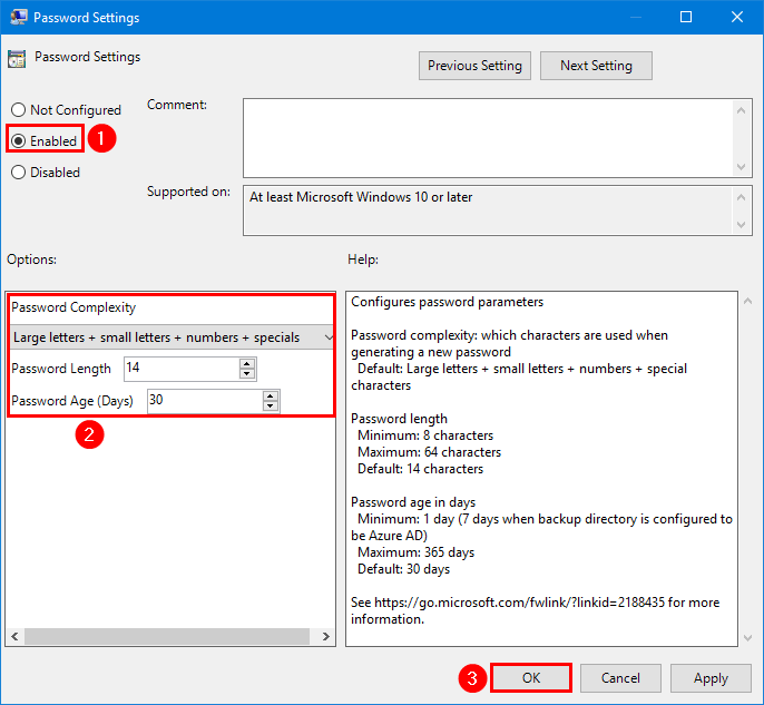 Windows LAPS password settings