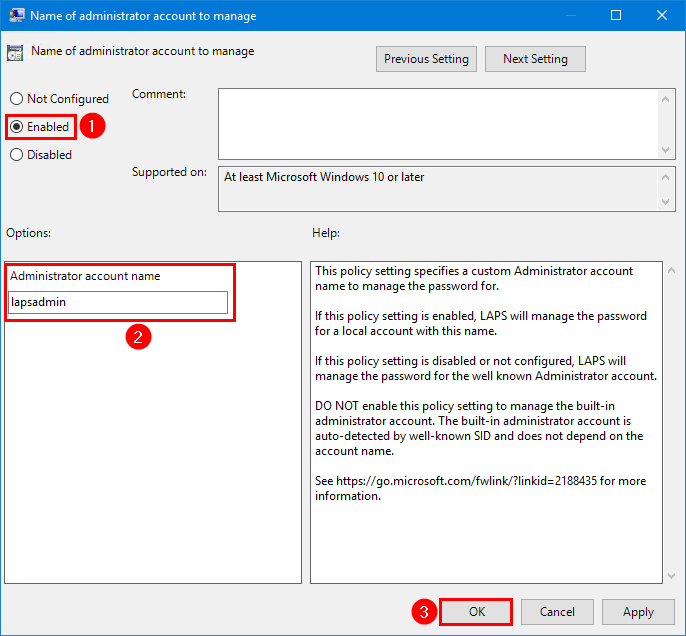 Windows LAPS name of administrator account to manage