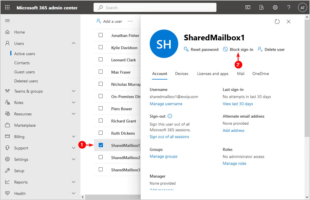 Block sign-in from shared mailboxes single user