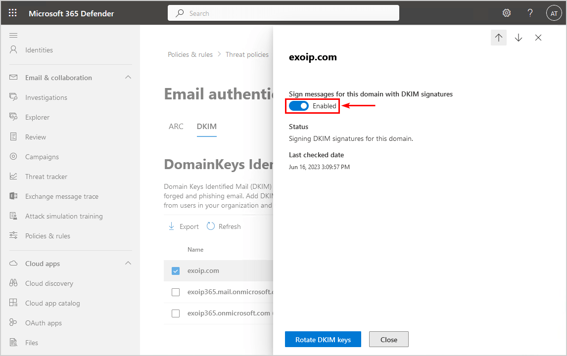 Configure DKIM record for Office 365 status enabled