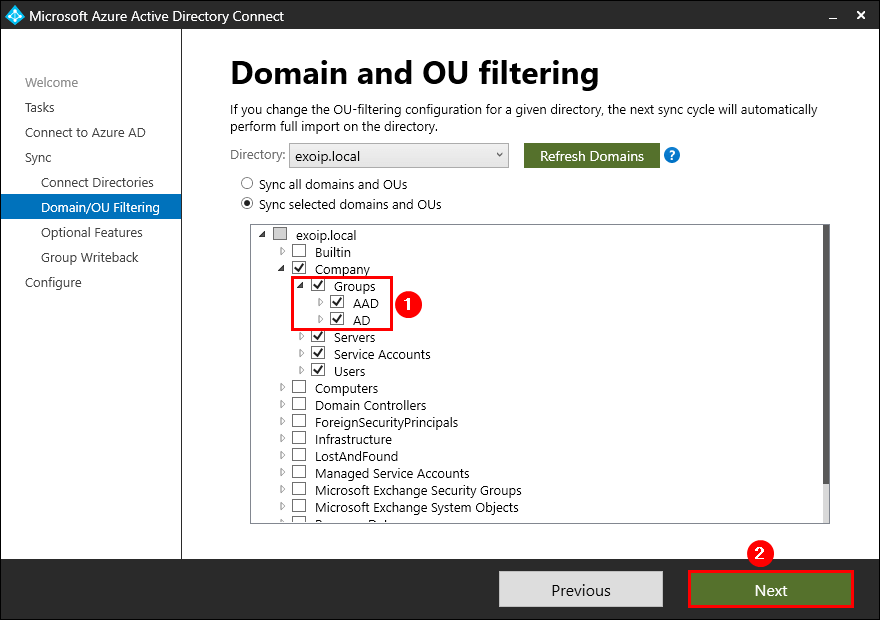 Enable group writeback in Azure AD domain/OU filtering