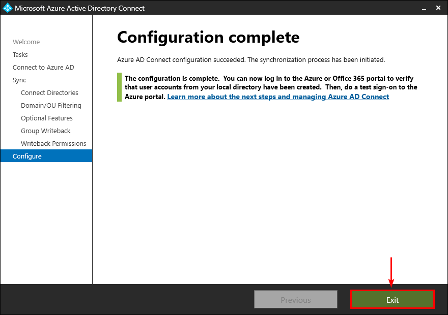 Enable group writeback in Azure AD configuration complete