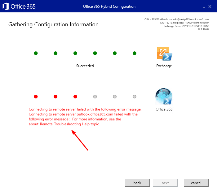 Hybrid Configuration Wizard connecting to remote server failed error