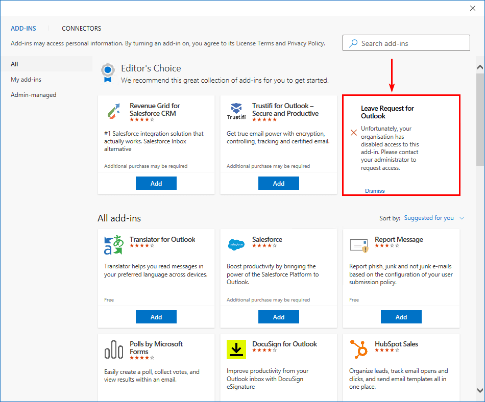Disable access to install Office add-ins disabled access in Outlook client