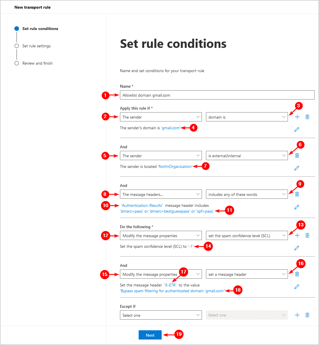 How to Allowlist domain in Microsoft 365 set rule conditions
