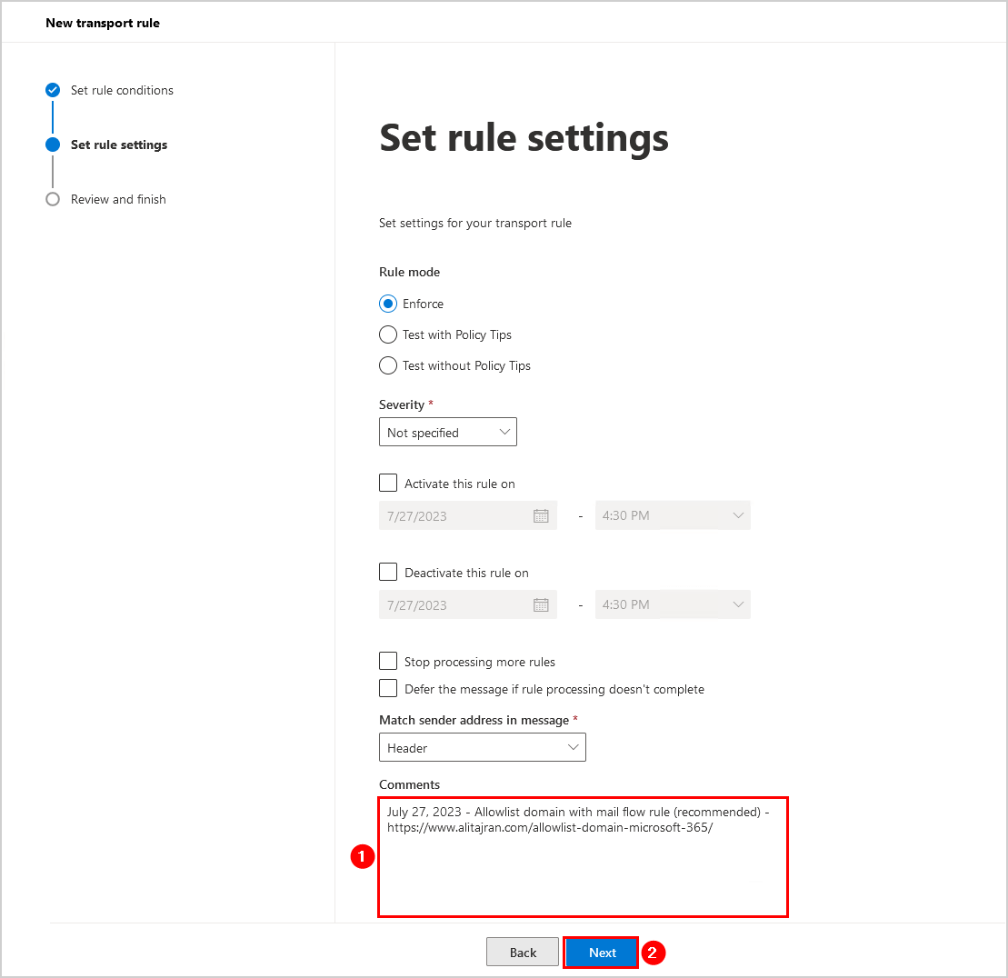 How to Allowlist domain in Microsoft 365 set rule settings
