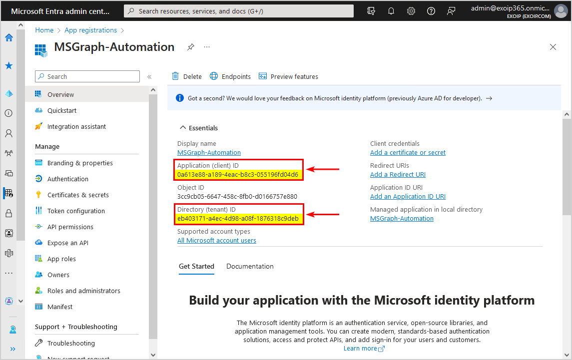 Connect to Microsoft Graph PowerShell Application (client) ID and Directory (tenant) ID