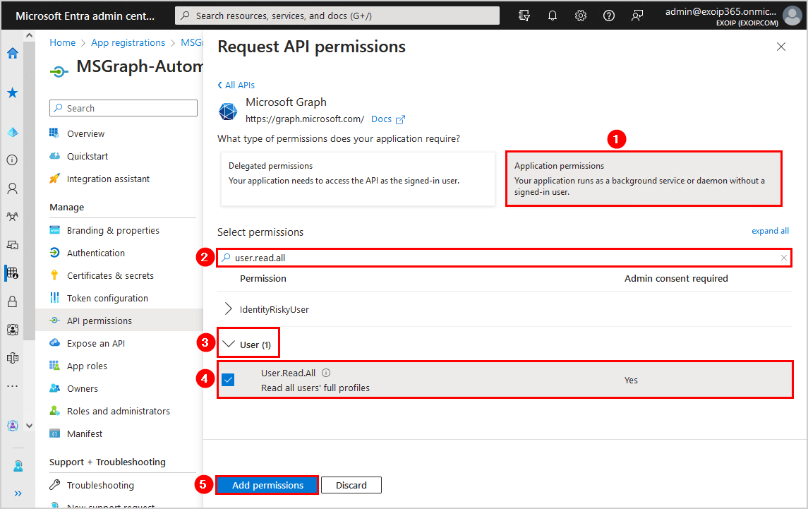 Connect to Microsoft Graph PowerShell select application permissions