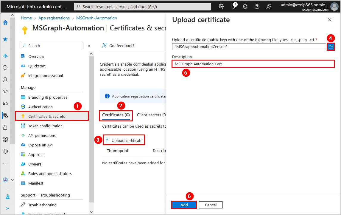 Connect to Microsoft Graph PowerShell upload certificate