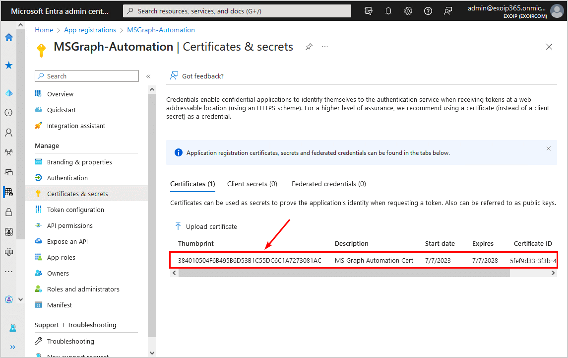 Connect to Microsoft Graph PowerShell Thumbprint value