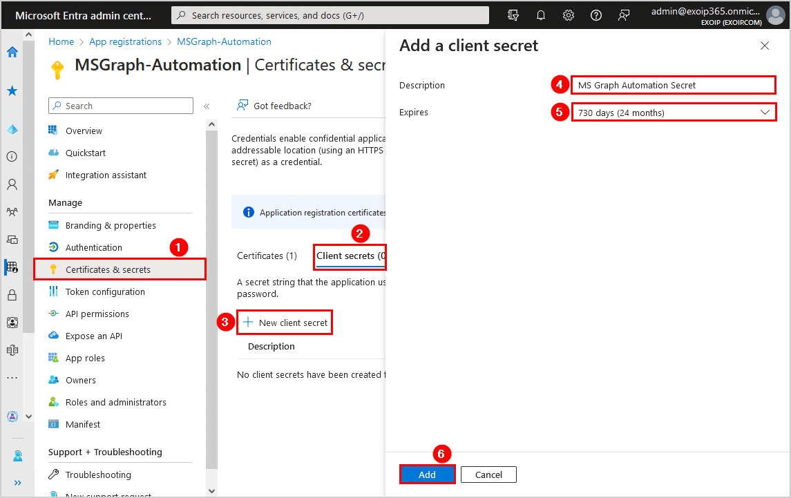 Connect to Microsoft Graph PowerShell add Client Secret