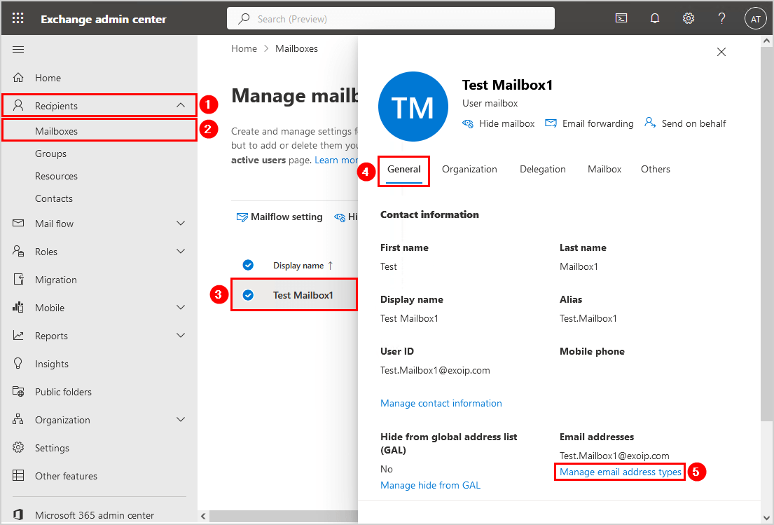 Exchange admin center edit mailbox