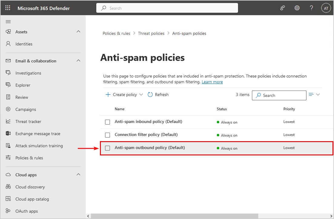 Enable external forwarding in Microsoft 365 anti-spam outbound policy (default)