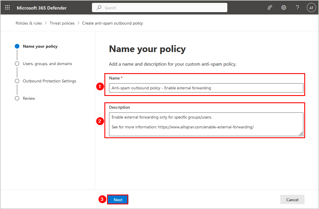 Enable external forwarding in Microsoft 365 name your policy
