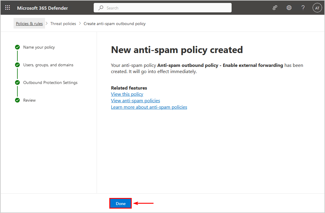 New anti-spam outbound policy created