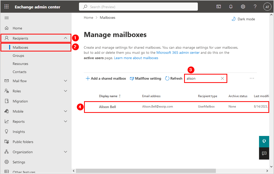 Office 365 mailbox not showing search mailbox cloud