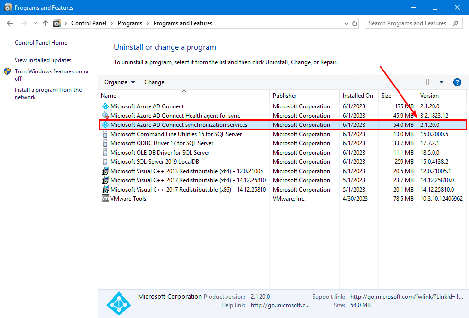 Check Azure AD Connect version programs and features