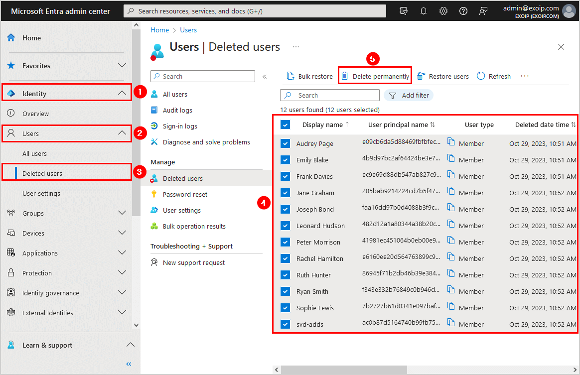 Permanently delete users from Microsoft 365 Entra admin center