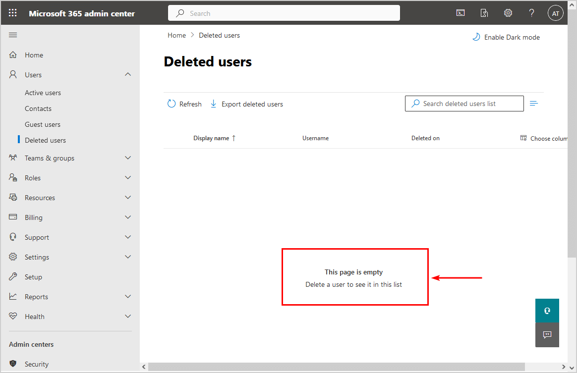 Permanently delete users from Microsoft 365 admin center empty