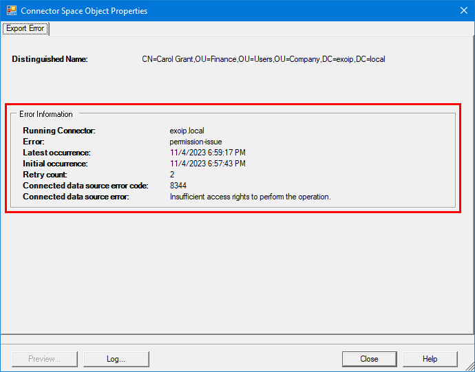 Azure AD Connect permission-issue error code 8344 export error