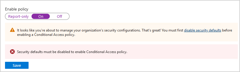 Disable security defaults in Microsoft Entra error