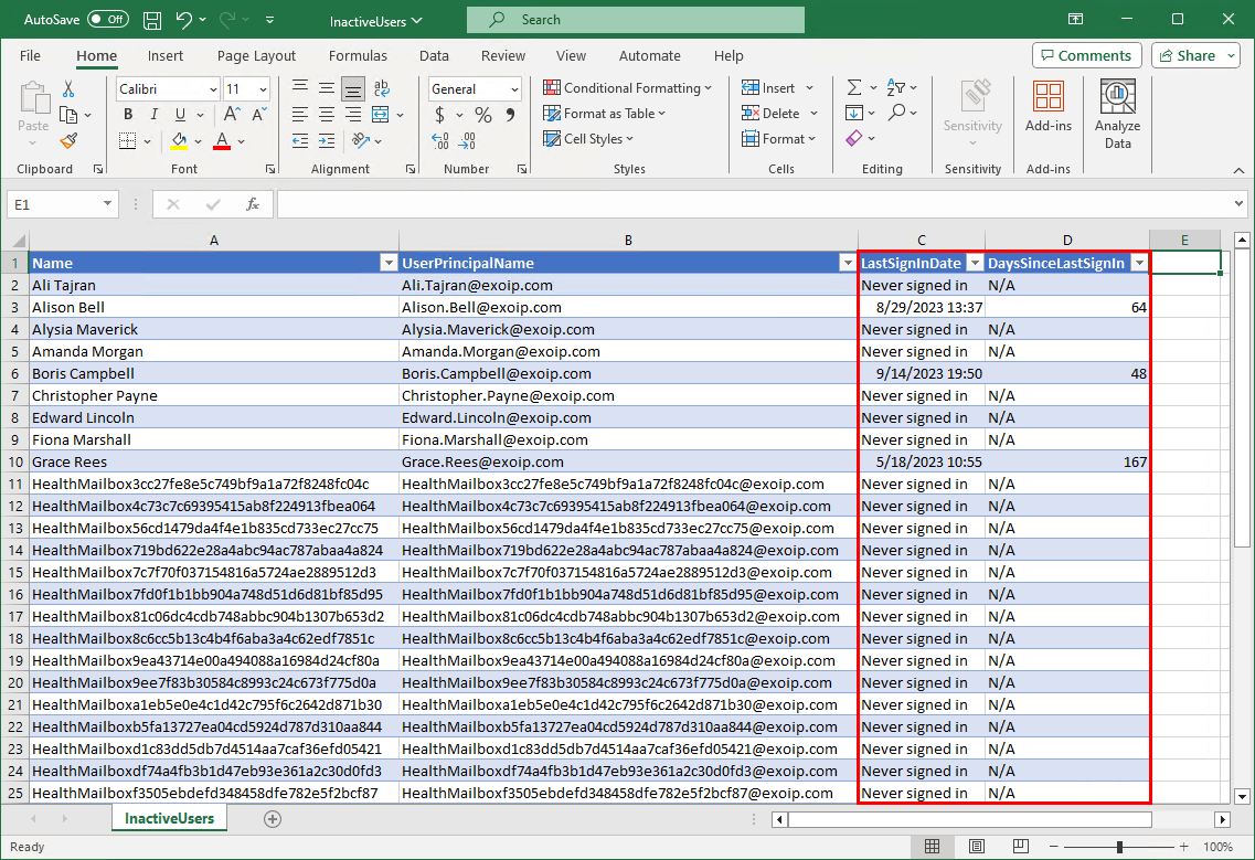 Export inactive users from Active Directory CSV file