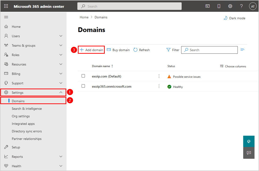 Add domain in Microsoft 365 admin center