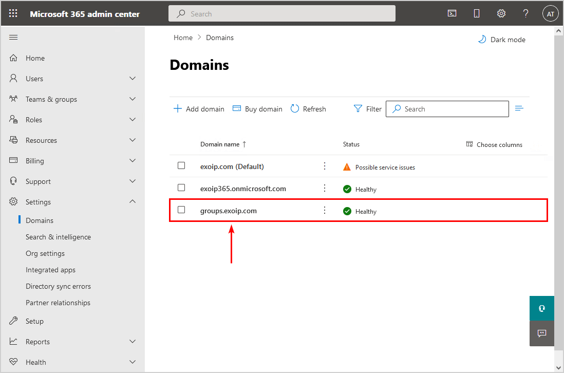 Groups domain added to domains list