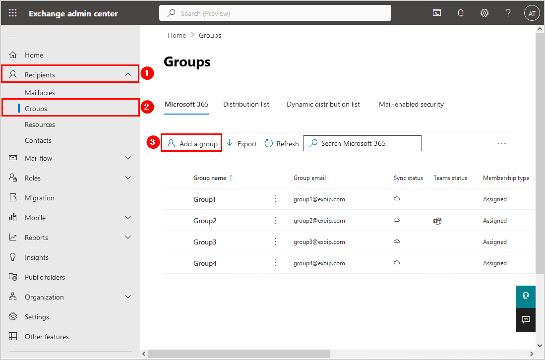 Add Microsoft 365 group in Exchange admin center