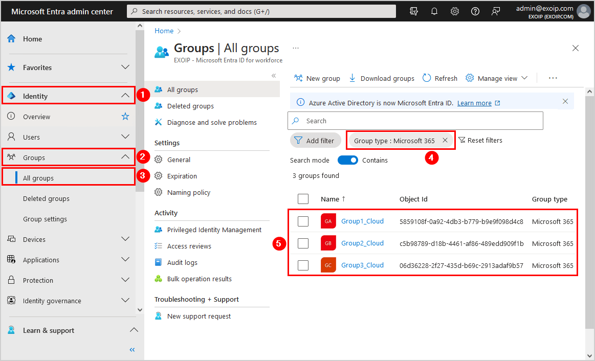 Filtered Microsoft 365 groups in Microsoft Entra admin center