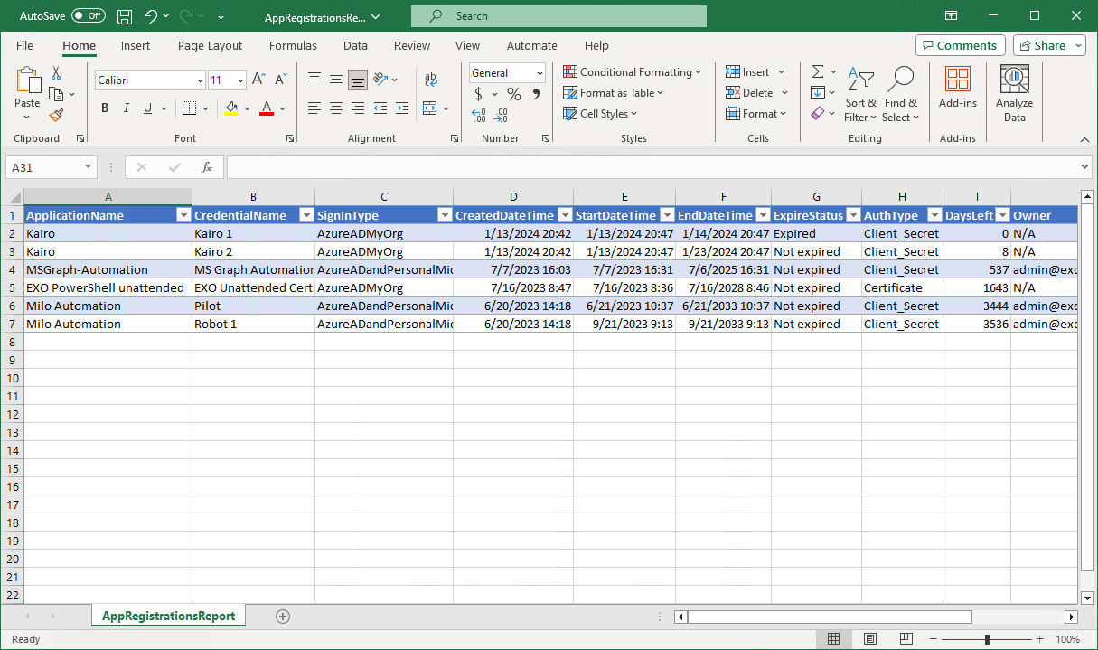 Microsoft Excel app registrations certificates and client secrets report