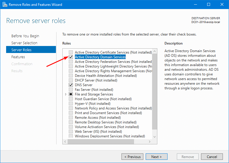 Clear the checkbox Active Directory Domain Services