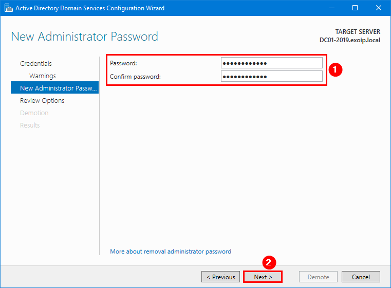 Fill in new administrator password for the server