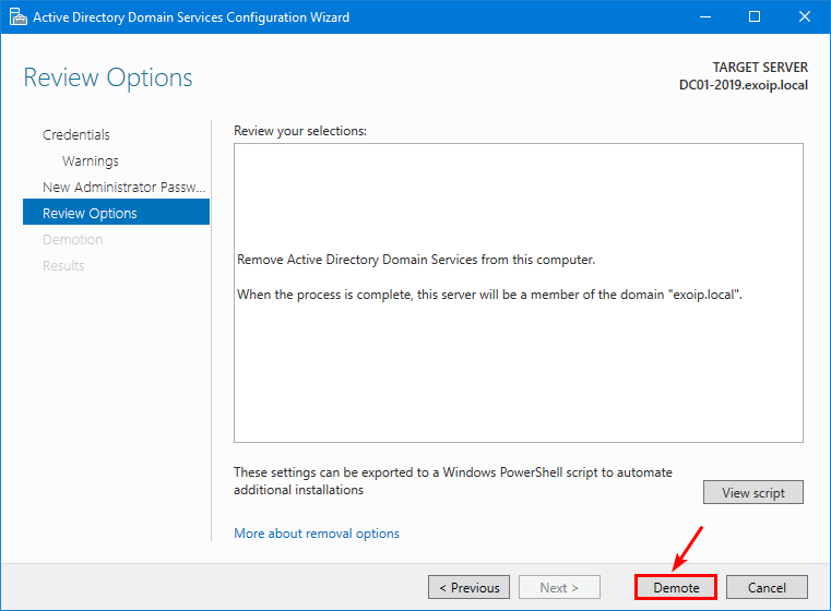 Review options to remove Active Directory Domain Services from this computer